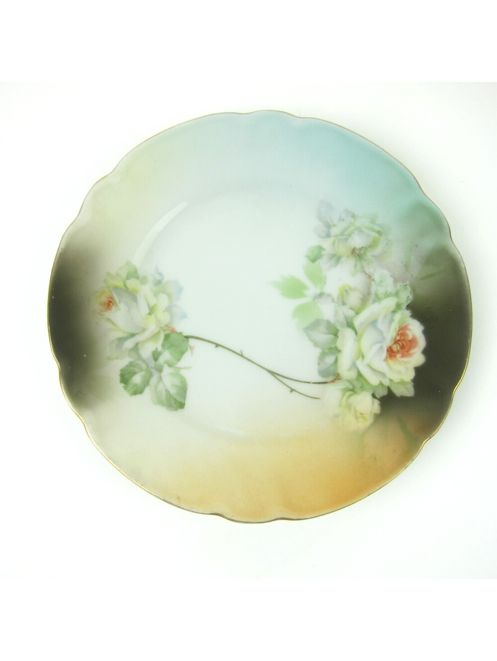 Antique German Porcelain Plate White Roses Flowers Blue Peach Gold Rim 6.2"